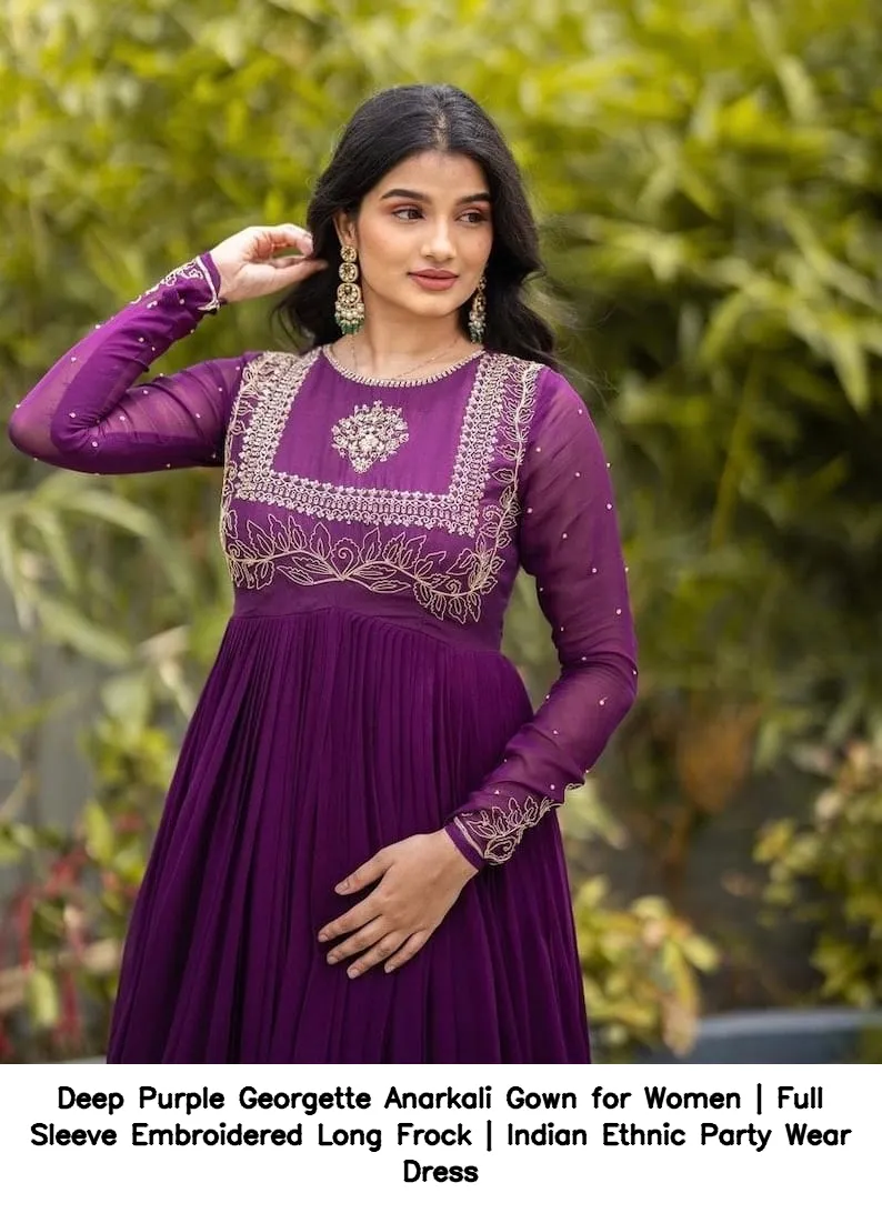 Deep Purple Georgette Anarkali Gown for Women | Full Sleeve Embroidered Long Frock | Indian Ethnic Party Wear Dress 2