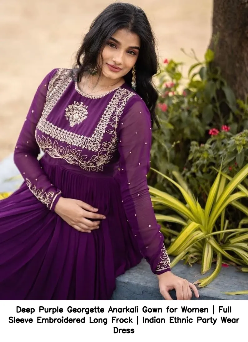 Deep Purple Georgette Anarkali Gown for Women | Full Sleeve Embroidered Long Frock | Indian Ethnic Party Wear Dress 3