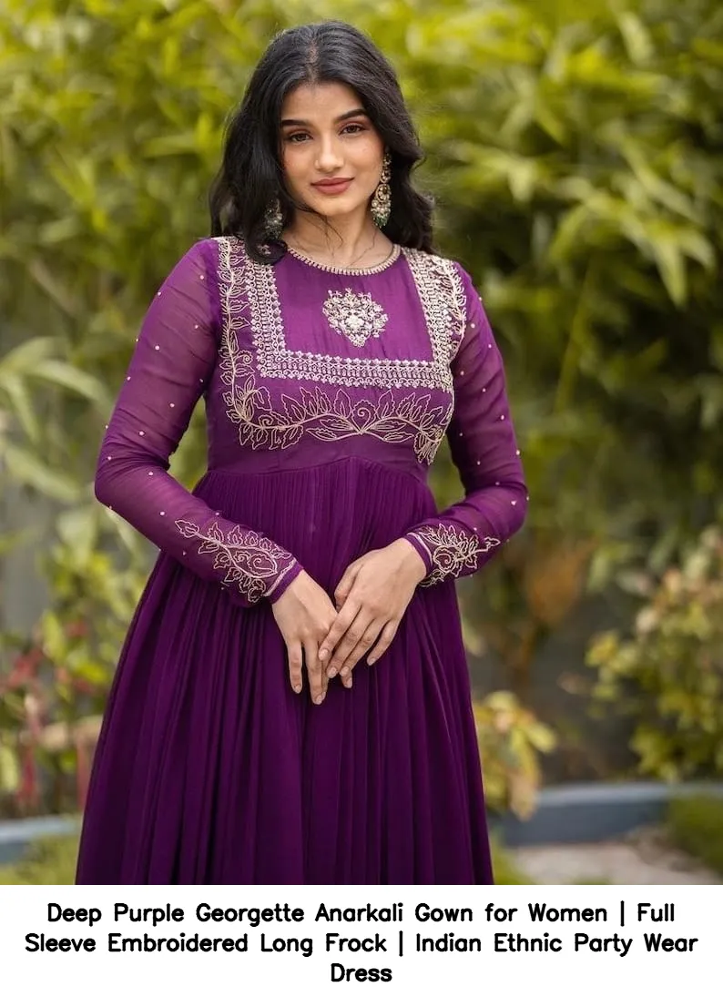Deep Purple Georgette Anarkali Gown for Women | Full Sleeve Embroidered Long Frock | Indian Ethnic Party Wear Dress 4