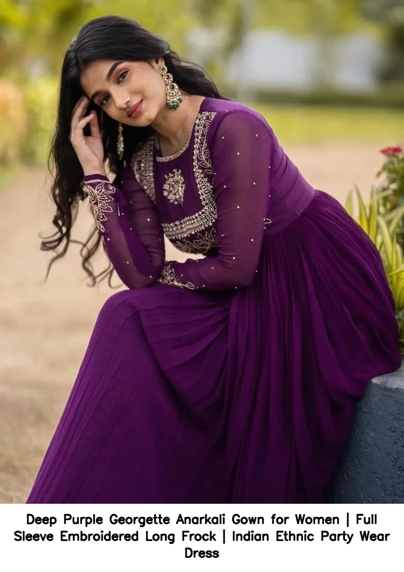 Deep Purple Georgette Anarkali Gown for Women | Full Sleeve Embroidered Long Frock | Indian Ethnic Party Wear Dress 5