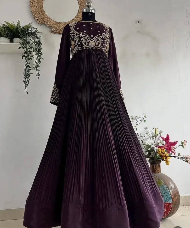 Deep Purple Pleated Gown with Zardosi Hand Embroidery