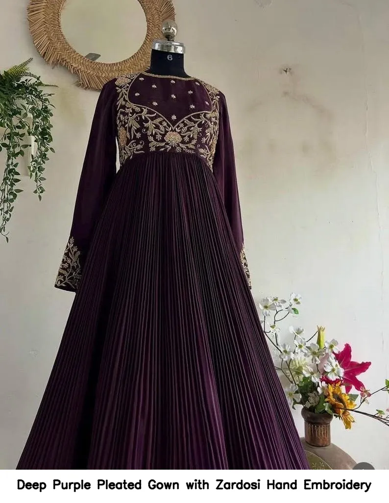 Deep Purple Pleated Gown with Zardosi Hand Embroidery 2