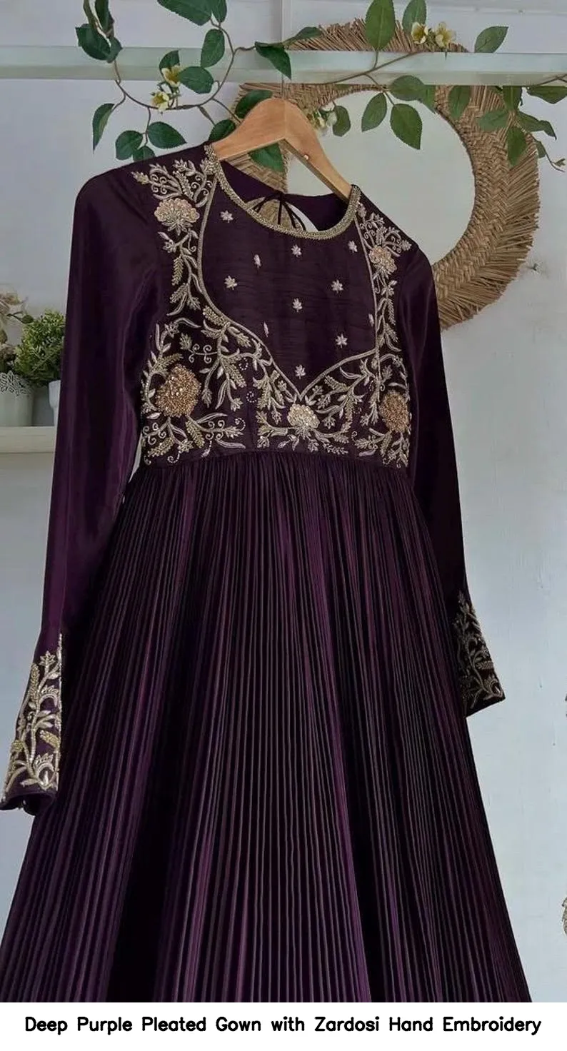 Deep Purple Pleated Gown with Zardosi Hand Embroidery 3
