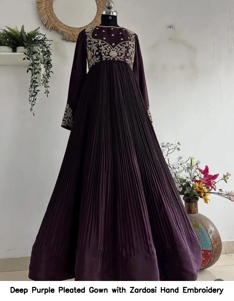 Deep Purple Pleated Gown with Zardosi Hand Embroidery 4