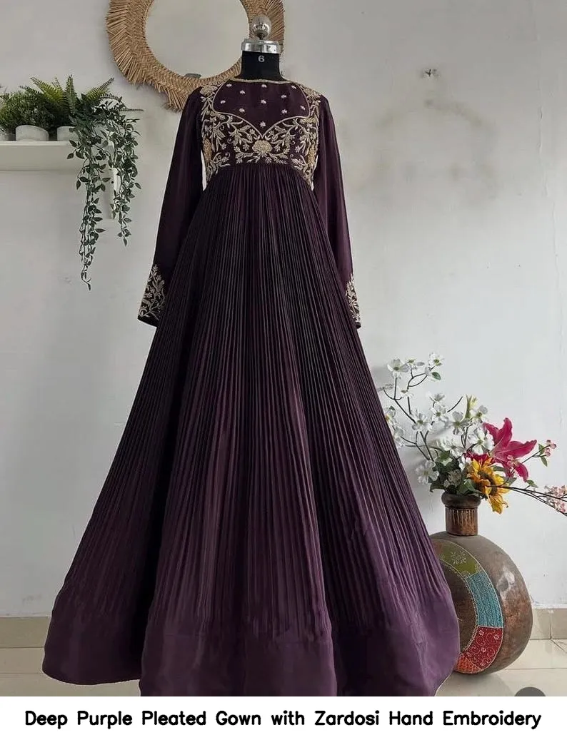 Deep Purple Pleated Gown with Zardosi Hand Embroidery 7