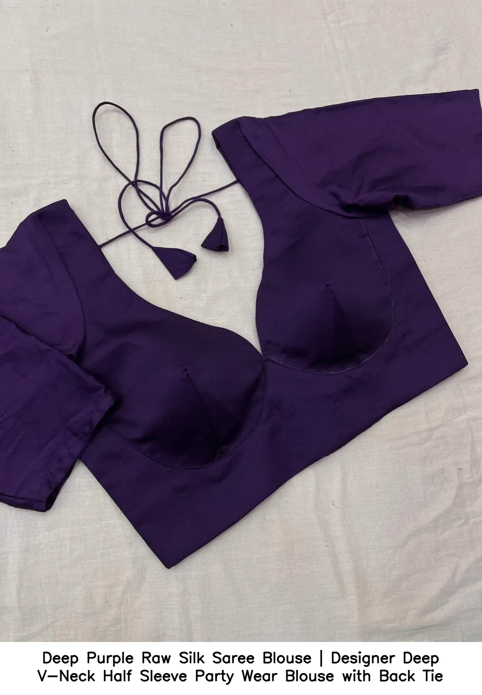 Deep Purple Raw Silk Saree Blouse | Designer Deep V-Neck Half Sleeve Party Wear Blouse with Back Tie 2