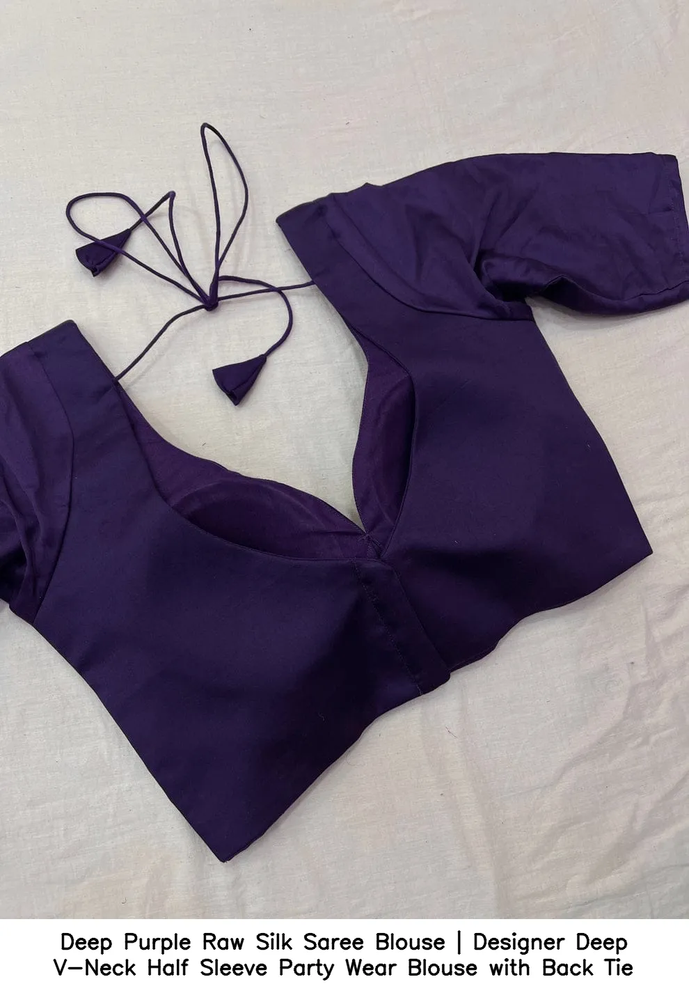 Deep Purple Raw Silk Saree Blouse | Designer Deep V-Neck Half Sleeve Party Wear Blouse with Back Tie 3