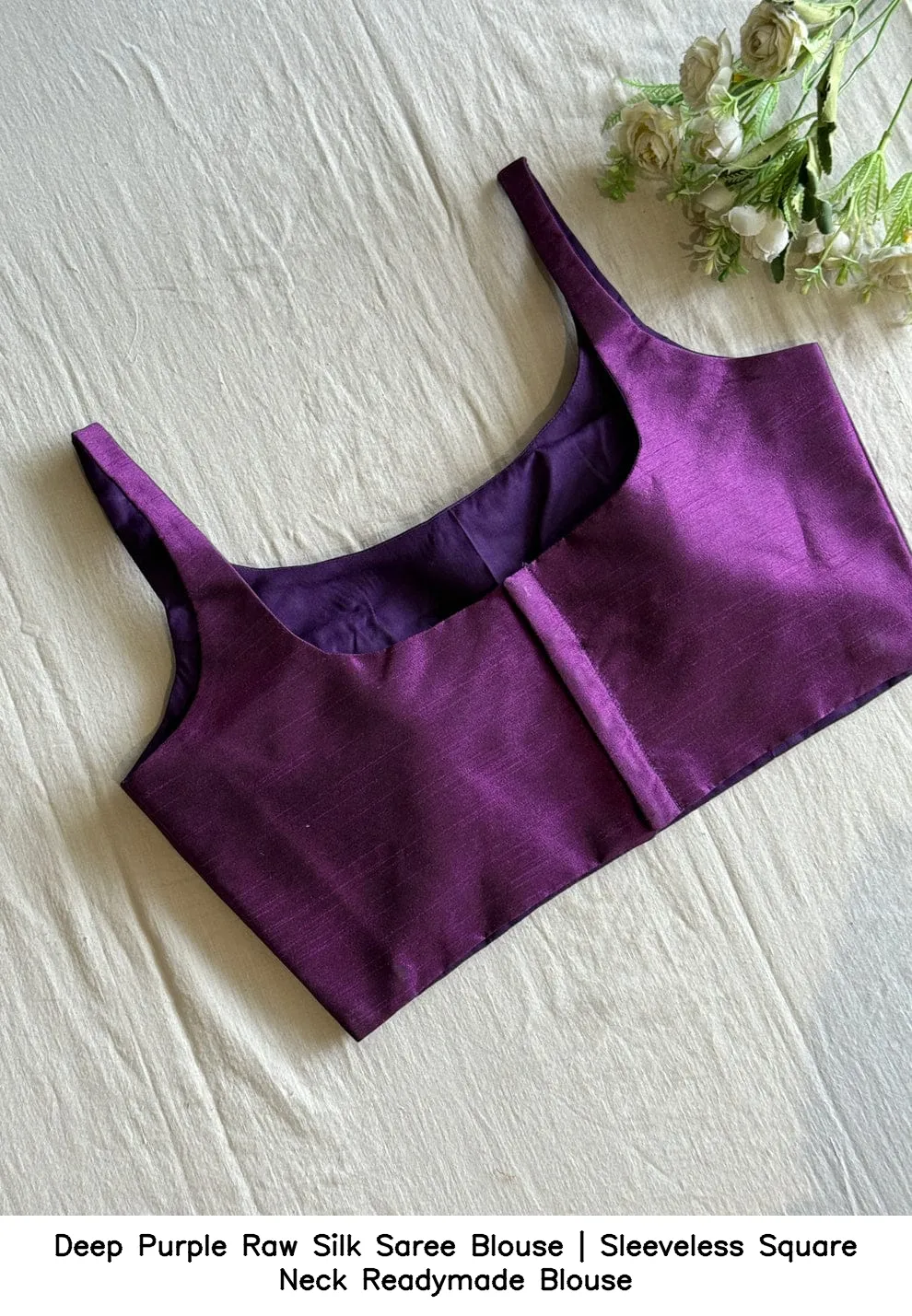 Deep Purple Raw Silk Saree Blouse | Sleeveless Square Neck Readymade Blouse 3