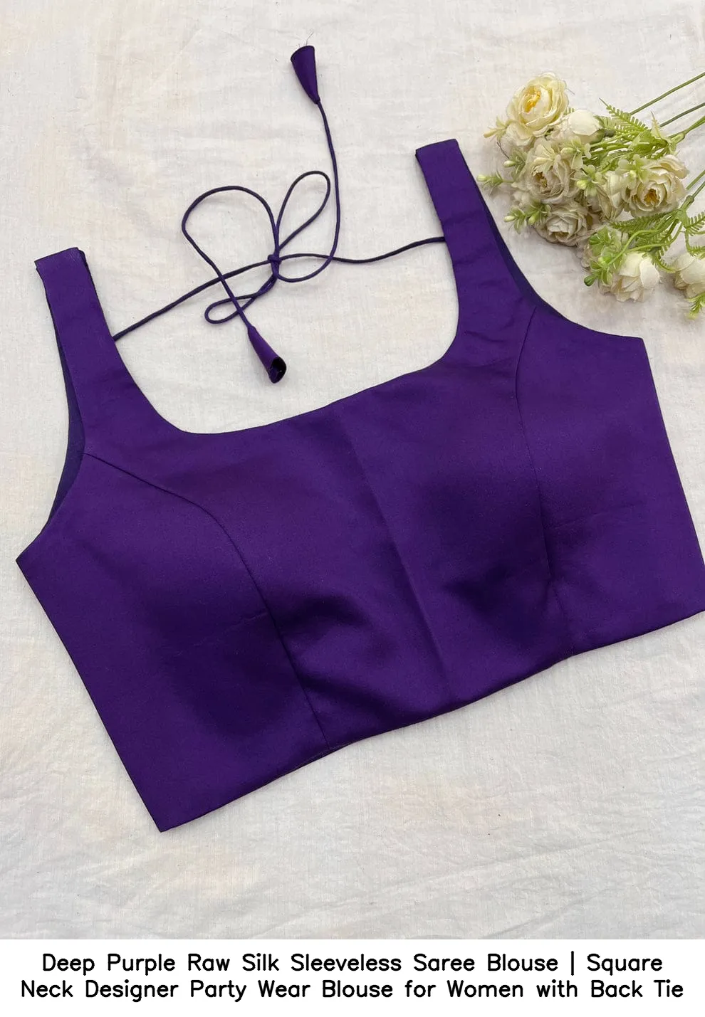 Deep Purple Raw Silk Sleeveless Saree Blouse | Square Neck Designer Party Wear Blouse for Women with Back Tie