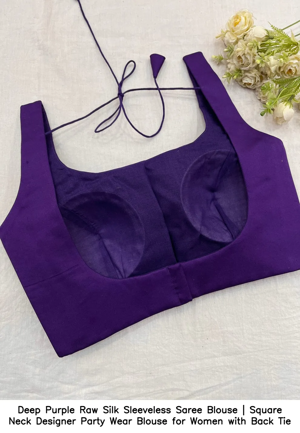Deep Purple Raw Silk Sleeveless Saree Blouse | Square Neck Designer Party Wear Blouse for Women with Back Tie 2
