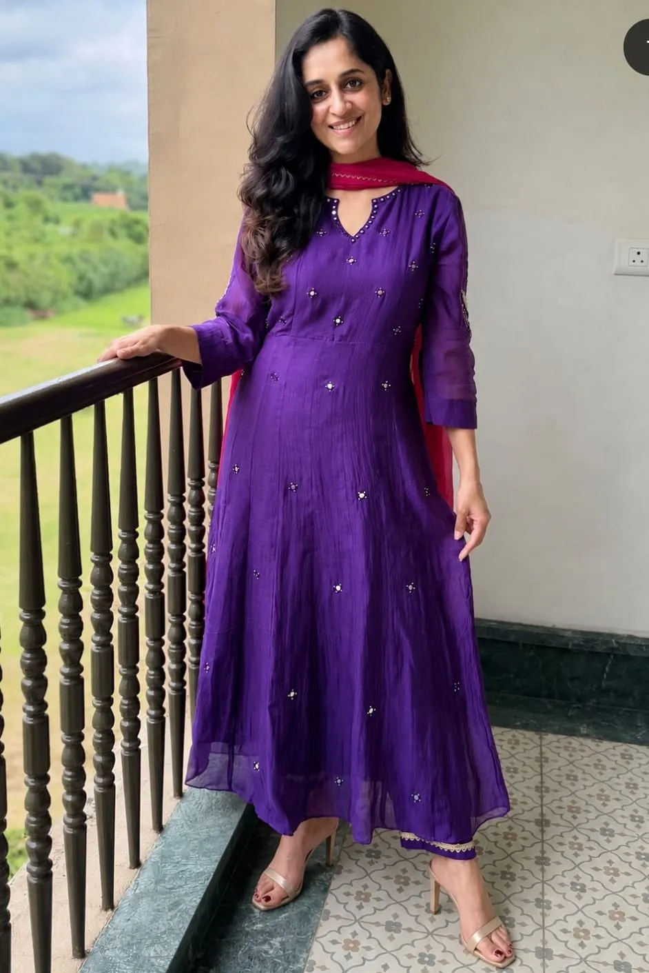 Deep Purple Silk Anarkali Suit Set | Paisley Mirror Work Sleeves & Hot Pink Dupatta 1