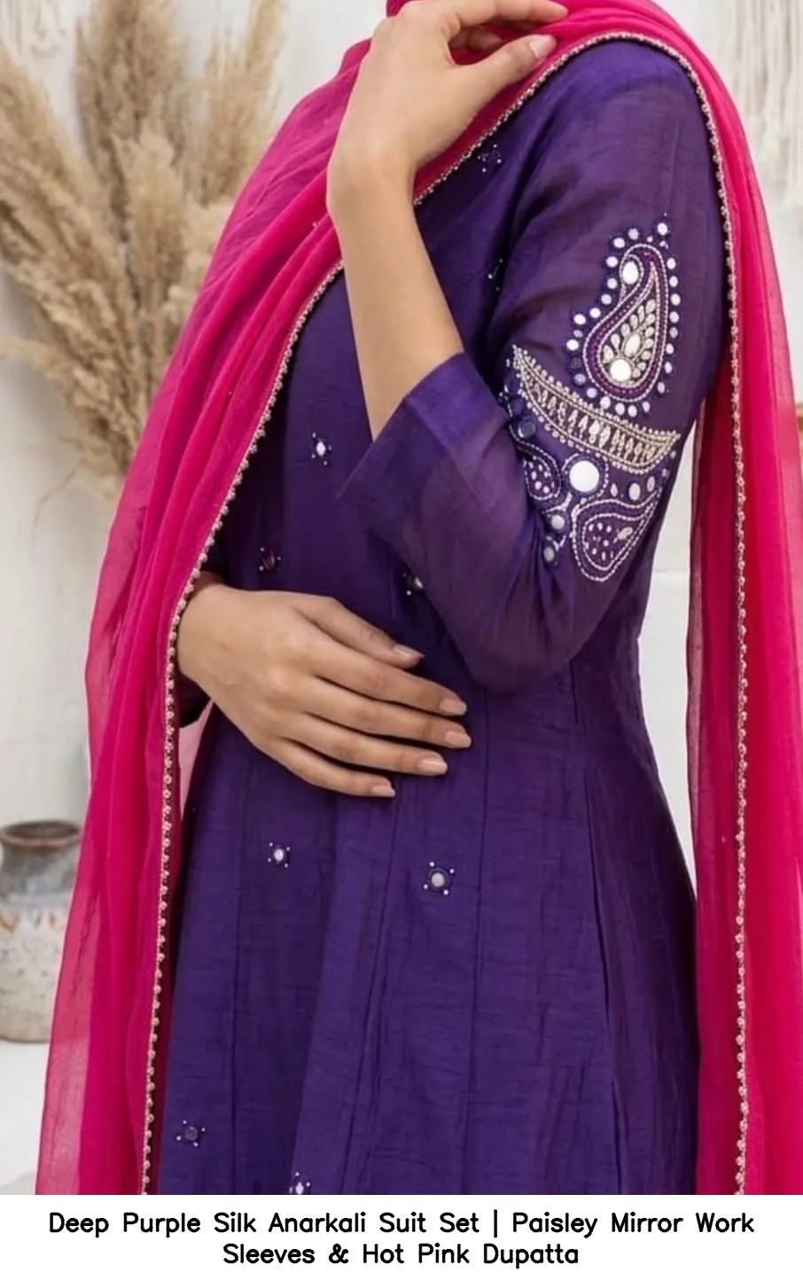 Deep Purple Silk Anarkali Suit Set | Paisley Mirror Work Sleeves & Hot Pink Dupatta 2