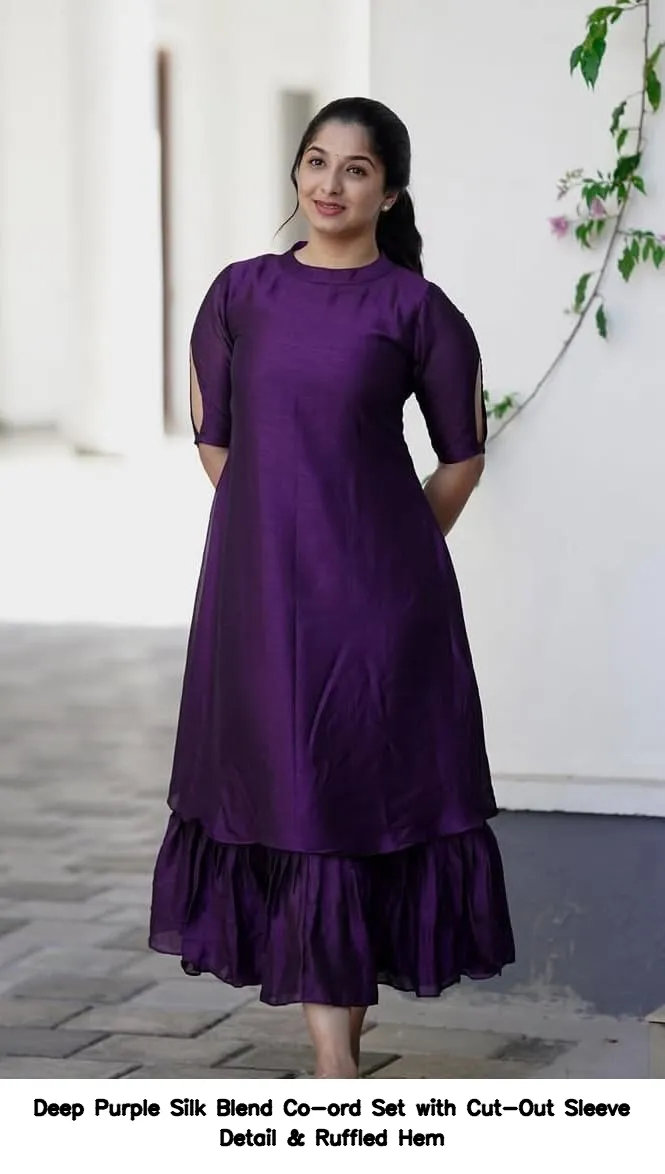 Deep Purple Silk Blend Co-ord Set with Cut-Out Sleeve Detail & Ruffled Hem 2