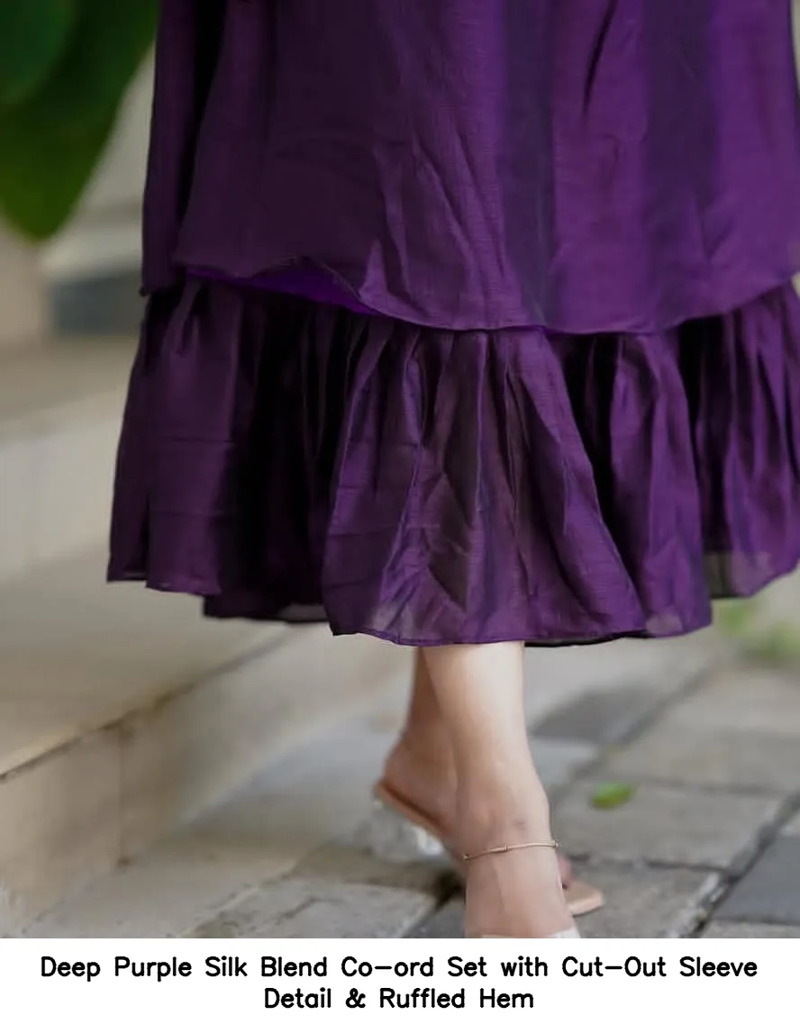Deep Purple Silk Blend Co-ord Set with Cut-Out Sleeve Detail & Ruffled Hem 3
