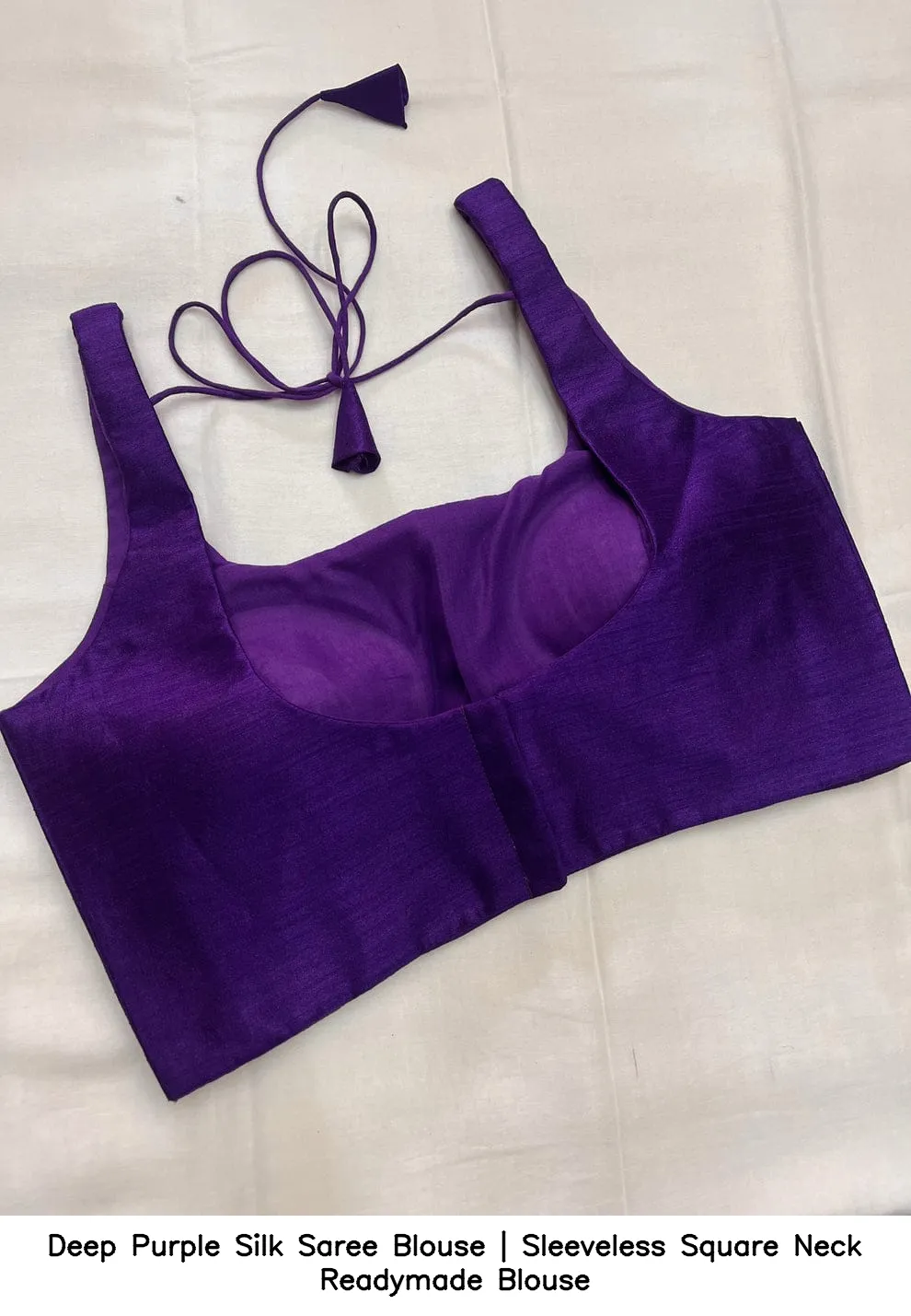 Deep Purple Silk Saree Blouse | Sleeveless Square Neck Readymade Blouse 2