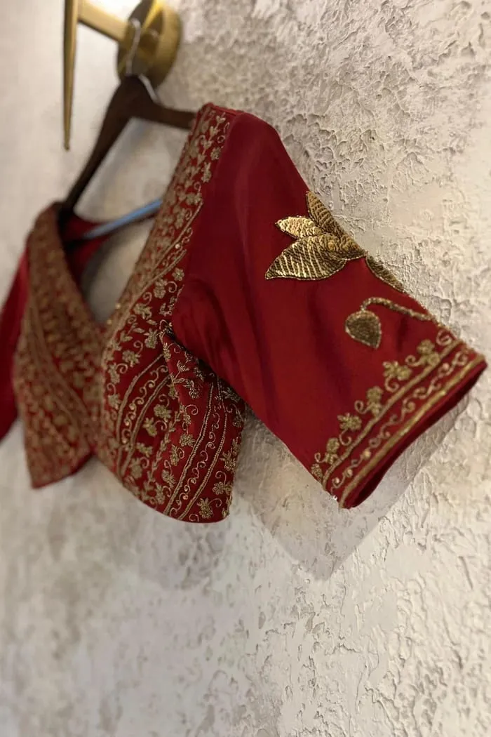 Deep Red Silk V-Neck Blouse with Heavy Gold Zardosi Embroidery & Cutout Back | Designer Bridal Saree Blouse