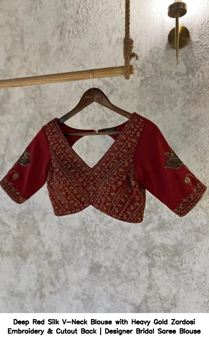 Deep Red Silk V-Neck Blouse with Heavy Gold Zardosi Embroidery & Cutout Back | Designer Bridal Saree Blouse 3