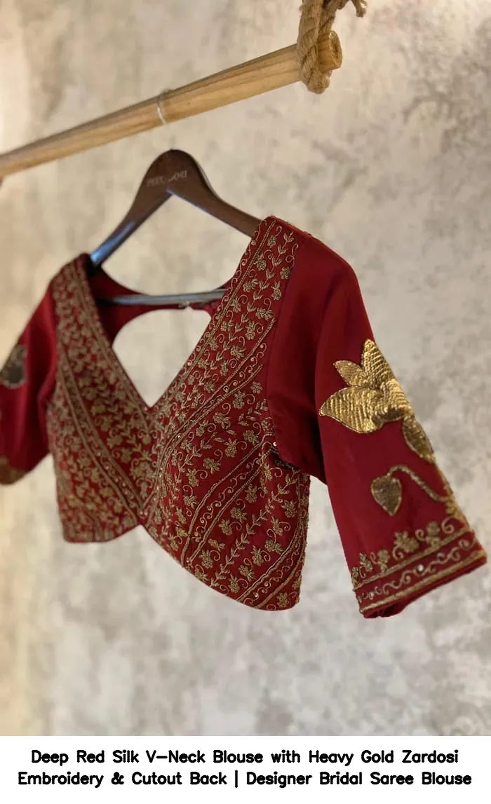 Deep Red Silk V-Neck Blouse with Heavy Gold Zardosi Embroidery & Cutout Back | Designer Bridal Saree Blouse 4