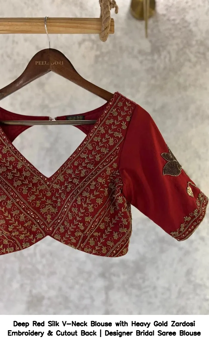 Deep Red Silk V-Neck Blouse with Heavy Gold Zardosi Embroidery & Cutout Back | Designer Bridal Saree Blouse 5