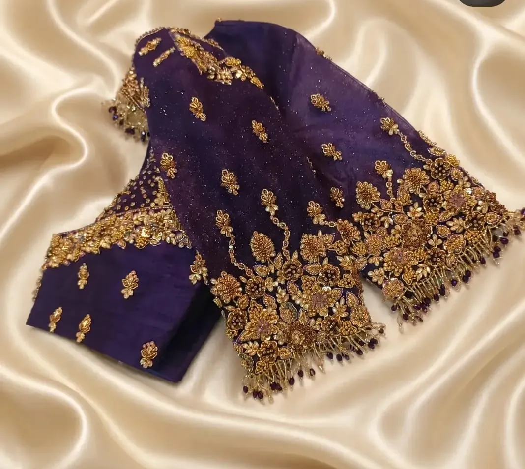 Deep Violet Heavy Hand Work Blouse – Net Sleeve Zardosi Bridal Saree Blouse 1