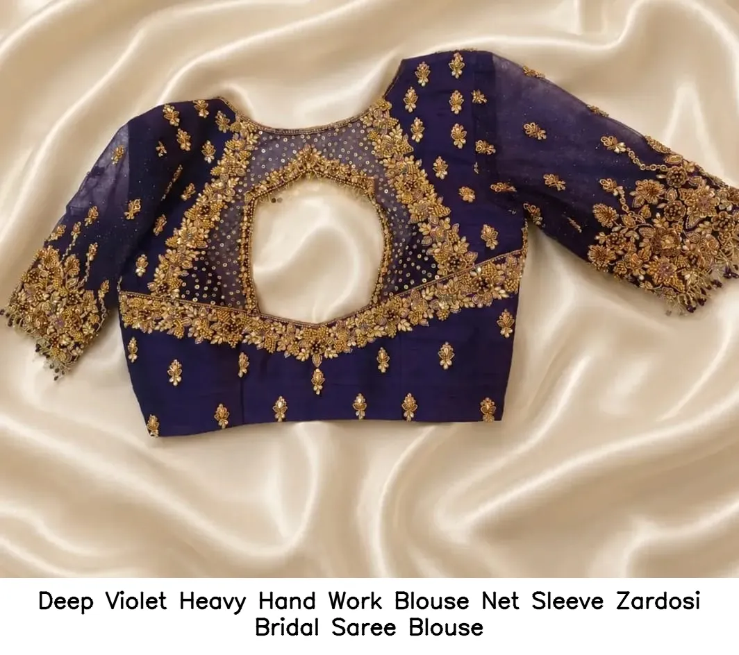Deep Violet Heavy Hand Work Blouse – Net Sleeve Zardosi Bridal Saree Blouse 2