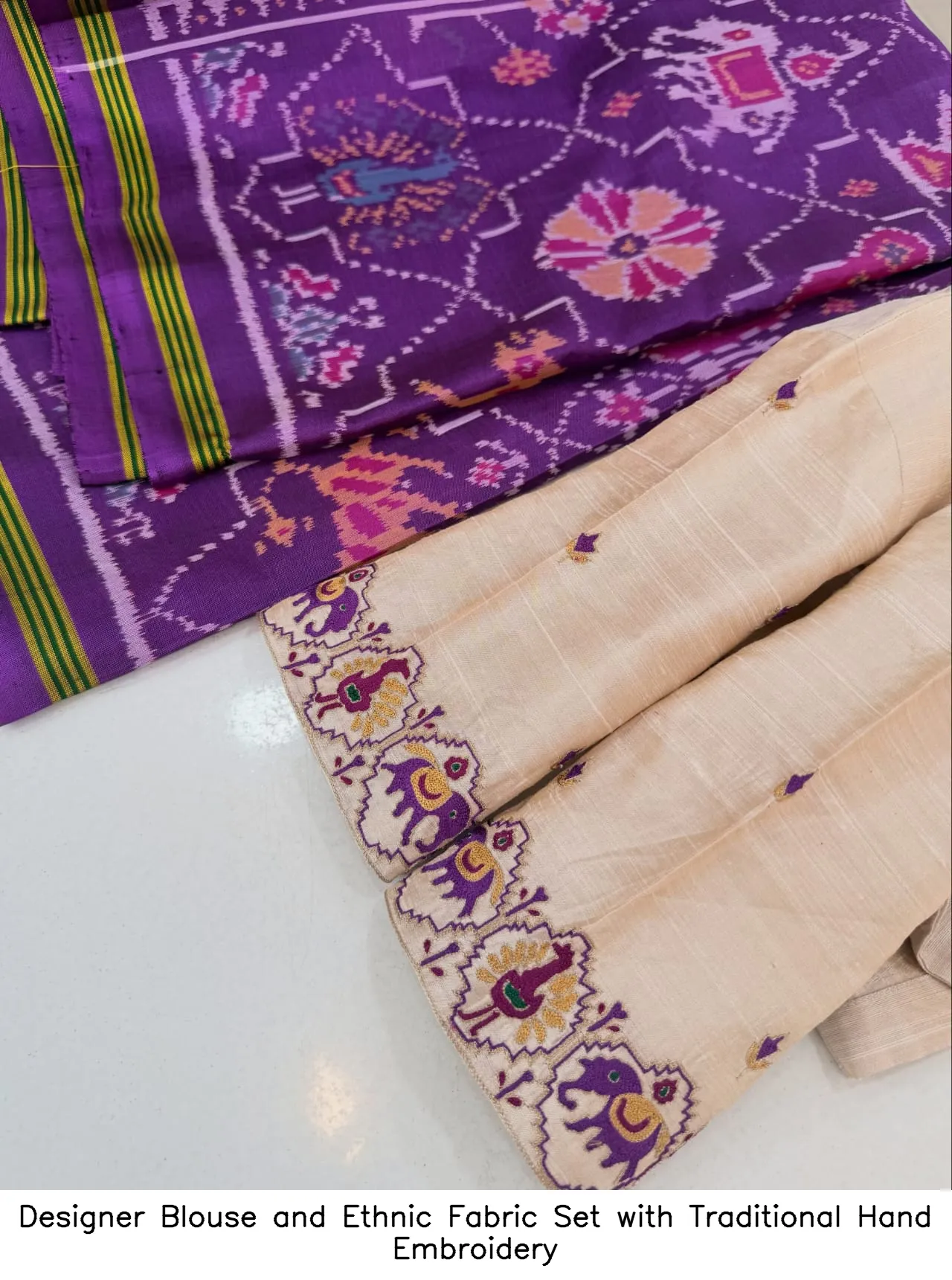 Designer Blouse and Ethnic Fabric Set with Traditional Hand Embroidery 3