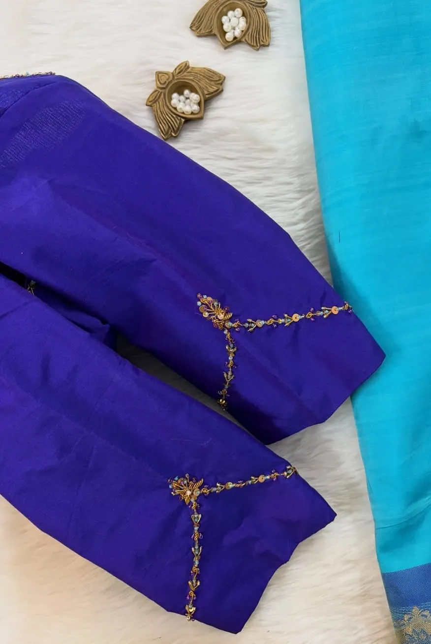 Designer Blue Silk Blouse | Traditional Hand-Embroidered Detailing