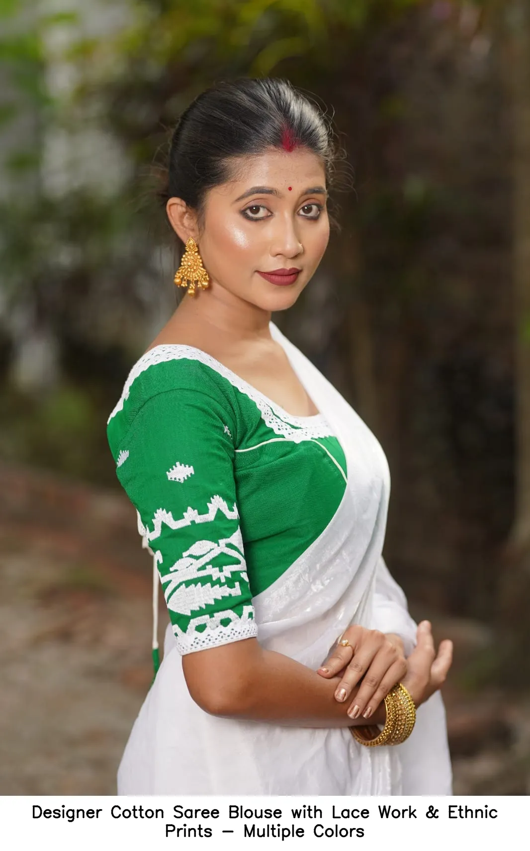 Designer Cotton Saree Blouse with Lace Work & Ethnic Prints - Multiple Colors 2