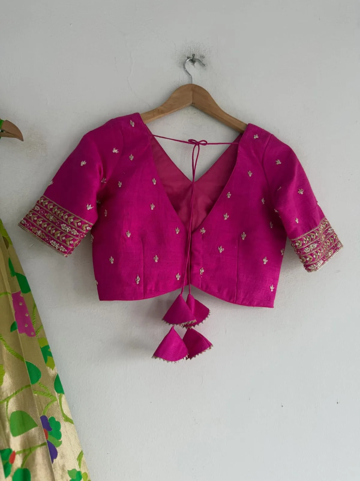 Designer Ethnic Blouse & Skirt Set – Pink Silk V-Neck Blouse with Hand Work