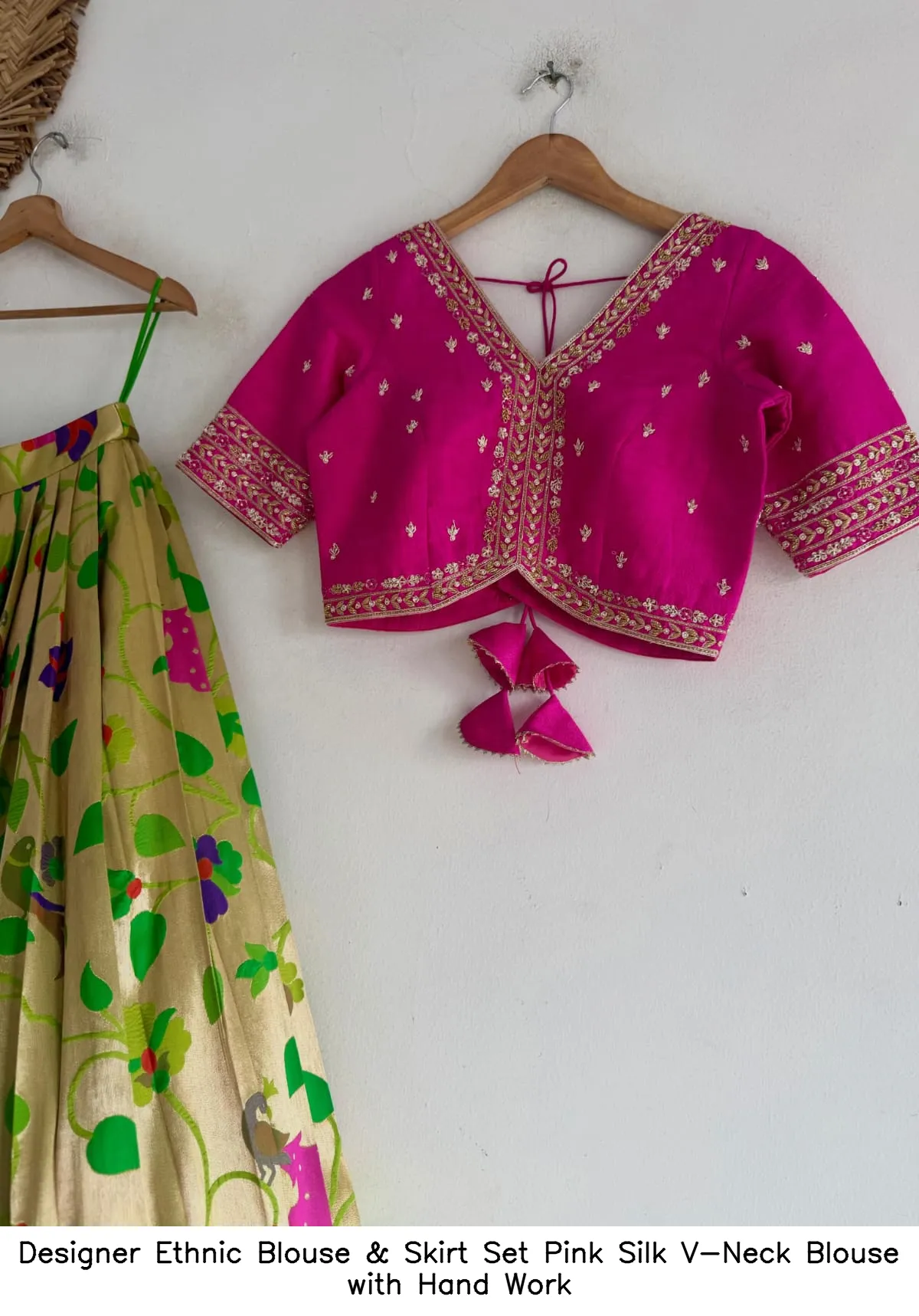 Designer Ethnic Blouse & Skirt Set – Pink Silk V-Neck Blouse with Hand Work 2