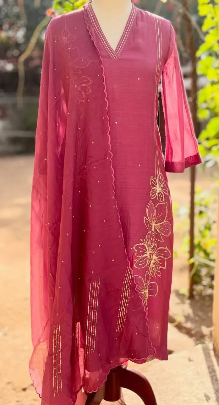 Designer Floral Embroidered Kurta Set | Latest Trendy Magenta Festive Collection