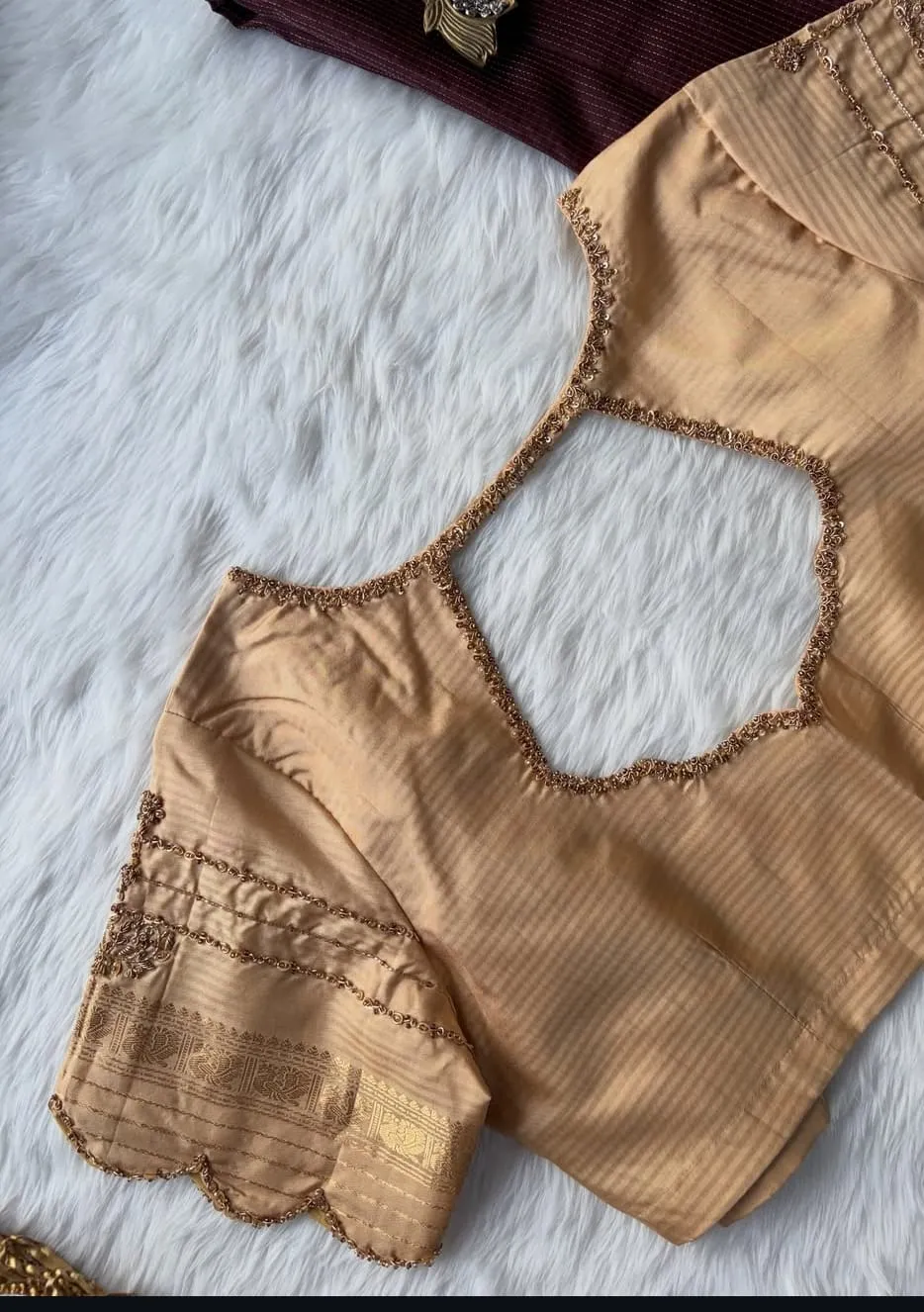 Designer Gold Silk Blouse | Traditional Scalloped Border Work