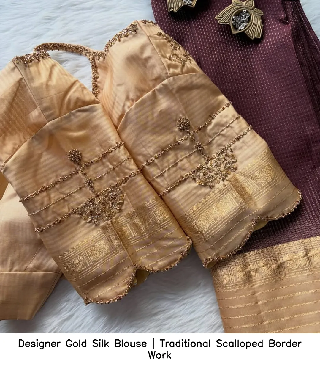 Designer Gold Silk Blouse | Traditional Scalloped Border Work 2