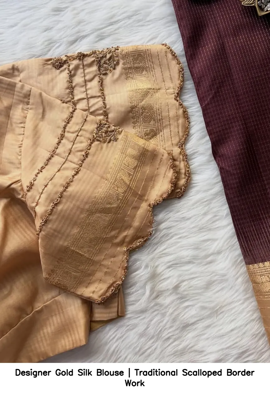 Designer Gold Silk Blouse | Traditional Scalloped Border Work 4