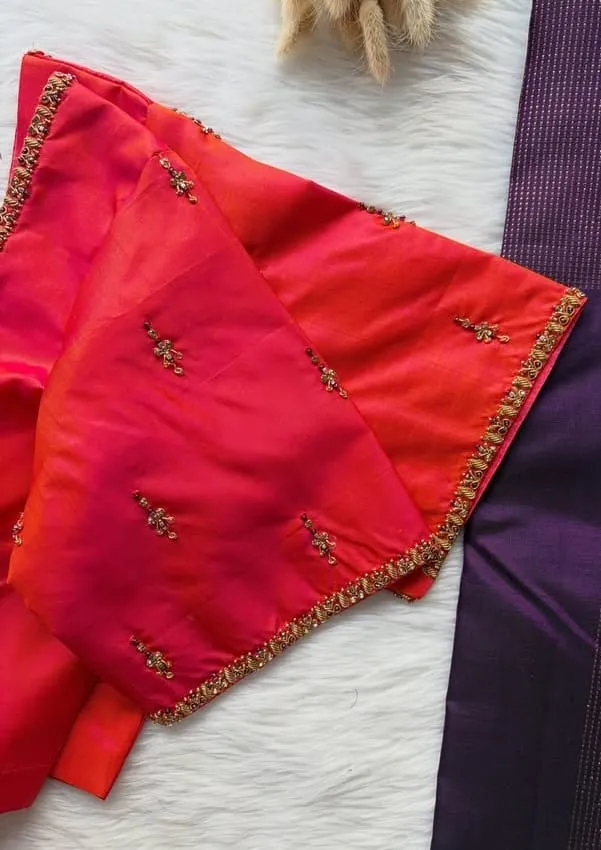Designer Hot Pink Raw Silk Saree Blouse with Delicate Handwork & Border Embroidery