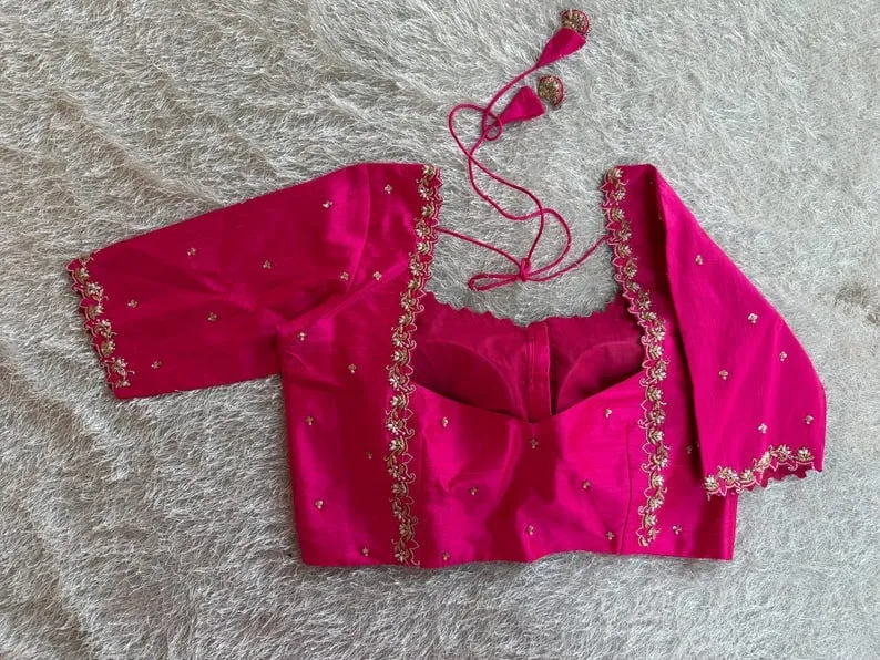 Designer Hot Pink Silk Blouse with Intricate Hand Embroidery | Festive Ethnic Wear
