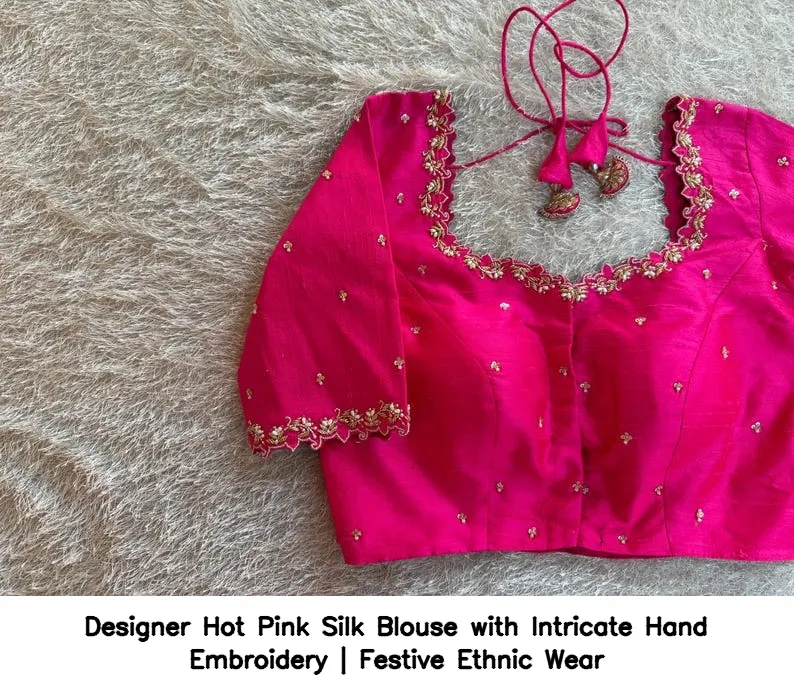 Designer Hot Pink Silk Blouse with Intricate Hand Embroidery | Festive Ethnic Wear 3
