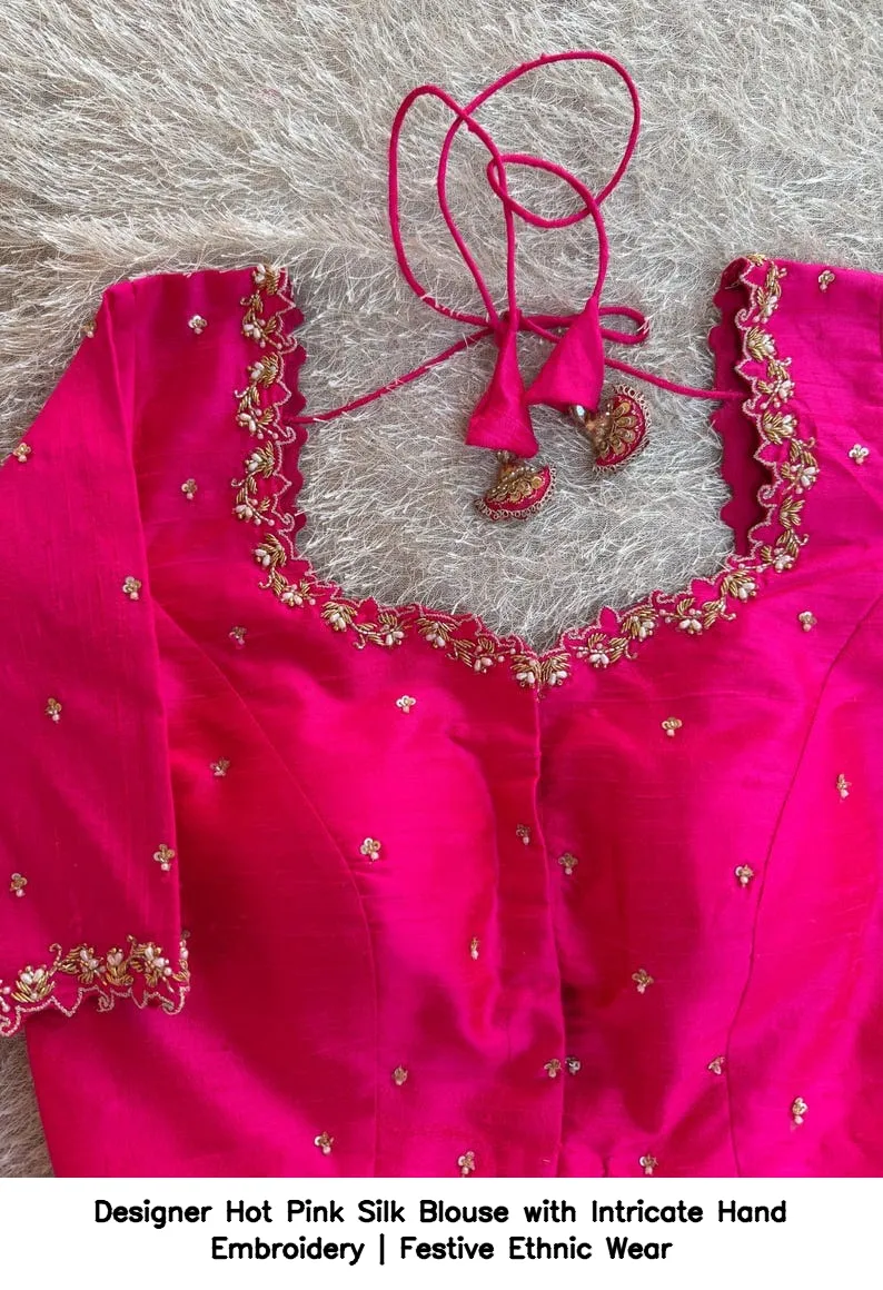 Designer Hot Pink Silk Blouse with Intricate Hand Embroidery | Festive Ethnic Wear 4