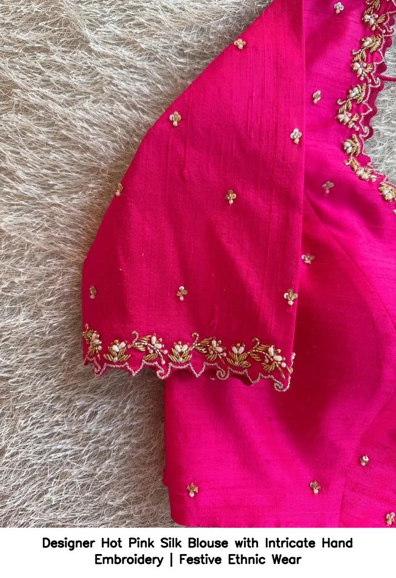 Designer Hot Pink Silk Blouse with Intricate Hand Embroidery | Festive Ethnic Wear 5