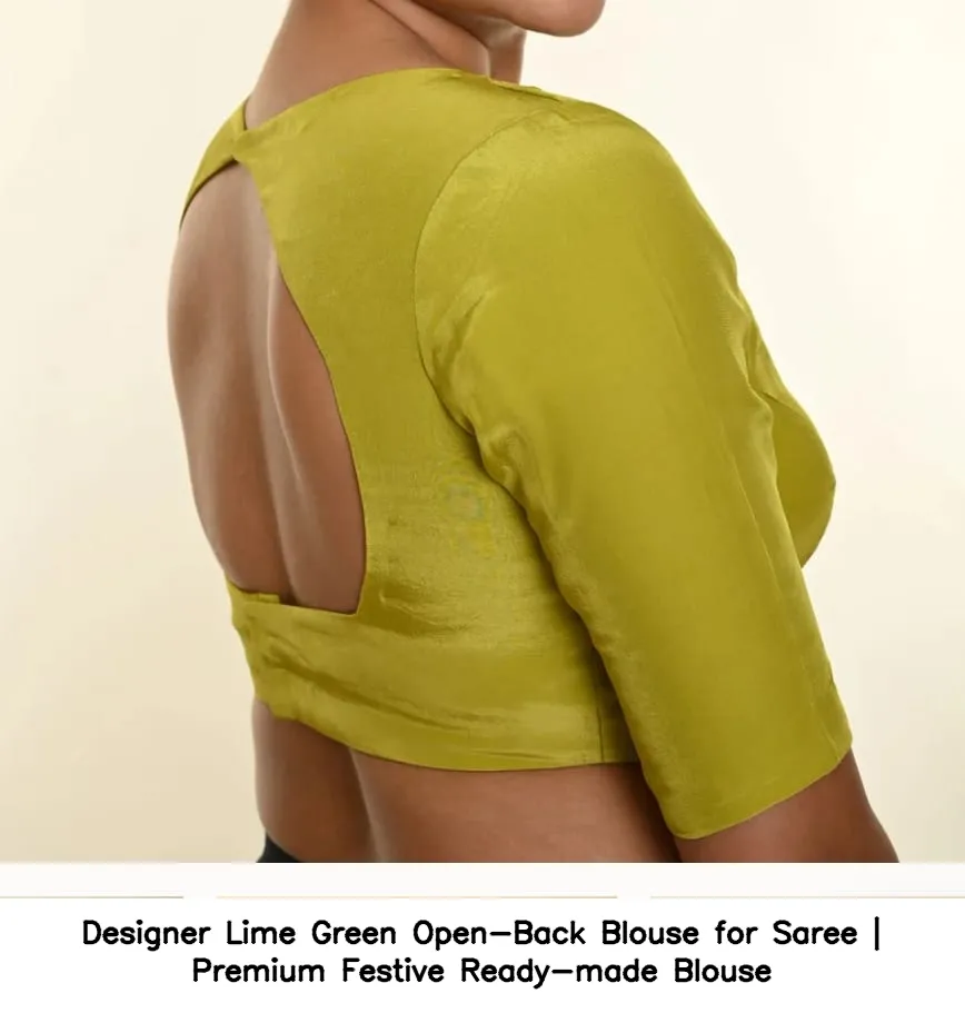 Designer Lime Green Open-Back Blouse for Saree | Premium Festive Ready-made Blouse 2