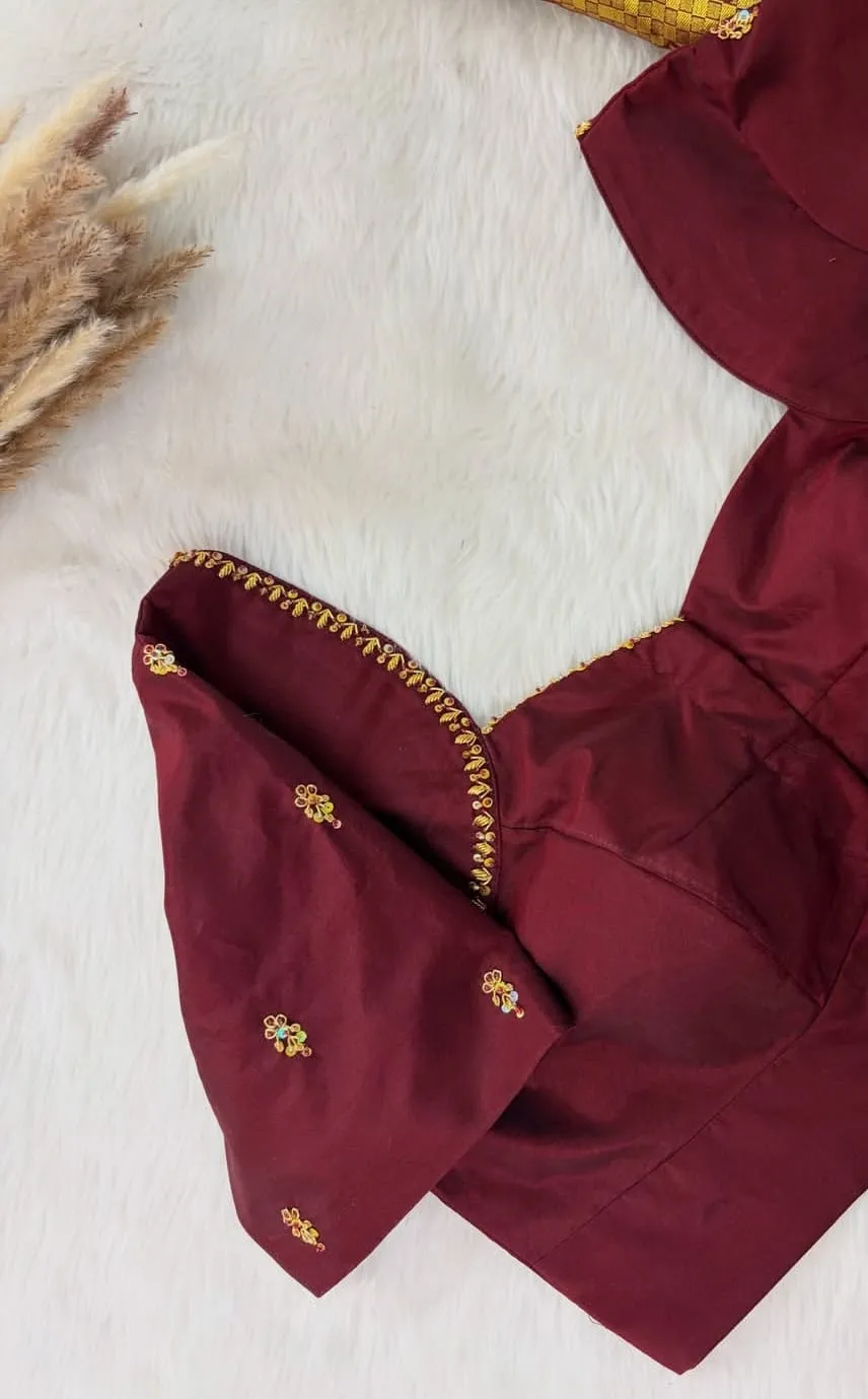 Designer Maroon Silk Blouse | Traditional Hand-Embroidered Detailing
