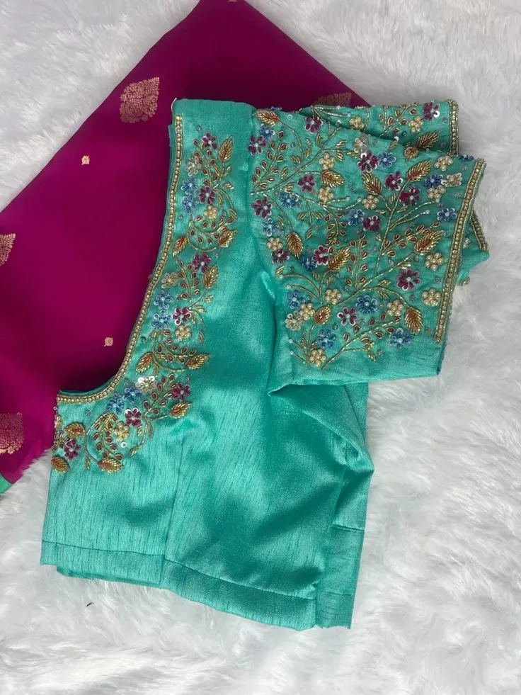 Designer Mint Green Silk Readymade Saree Blouse with Floral Aari Hand Embroidery | Party Wear & Wedding Saree Blouse