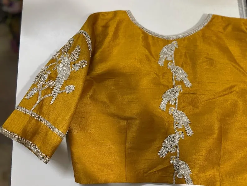 Designer Mustard Silk Blouse with Elbow Sleeves & Silver Embroidery | Readymade Padded Saree Blouse 1