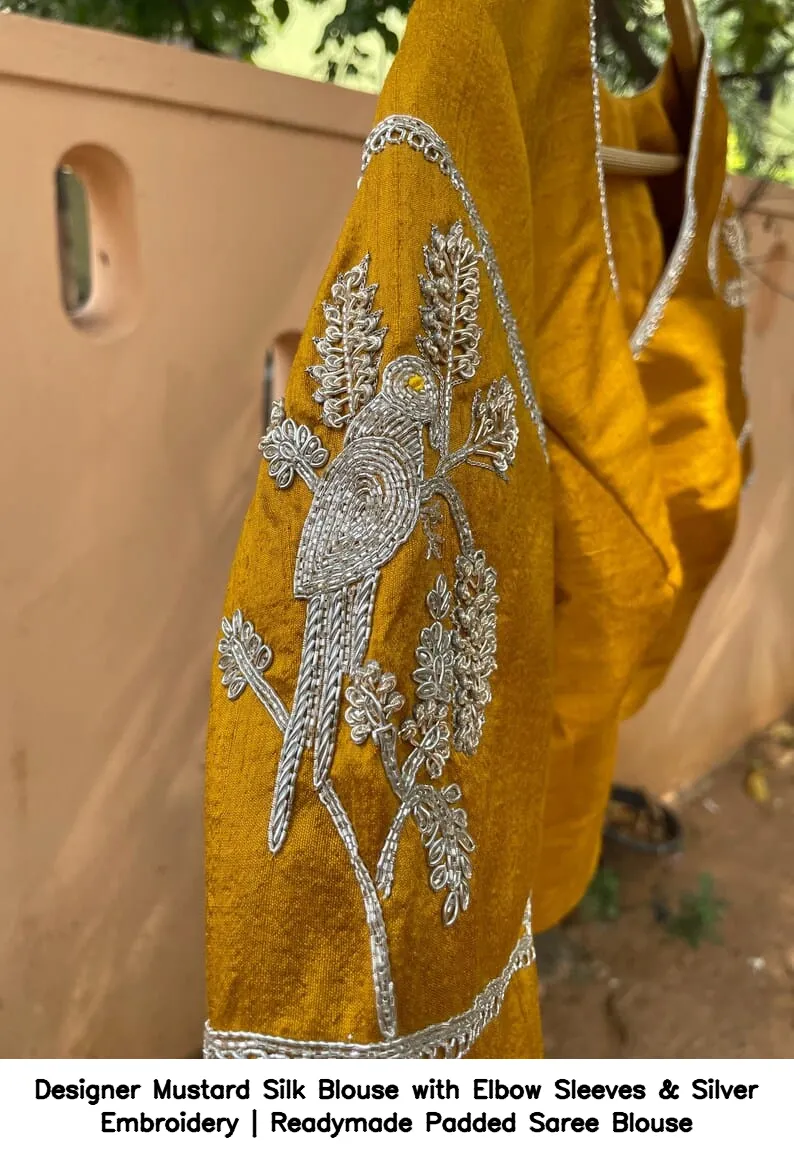 Designer Mustard Silk Blouse with Elbow Sleeves & Silver Embroidery | Readymade Padded Saree Blouse 3