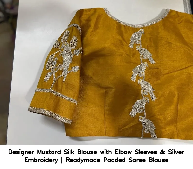 Designer Mustard Silk Blouse with Elbow Sleeves & Silver Embroidery | Readymade Padded Saree Blouse 5
