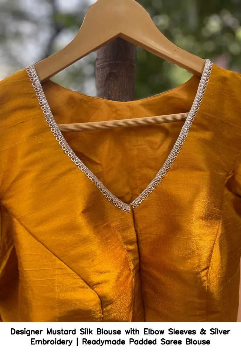 Designer Mustard Silk Blouse with Elbow Sleeves & Silver Embroidery | Readymade Padded Saree Blouse 6