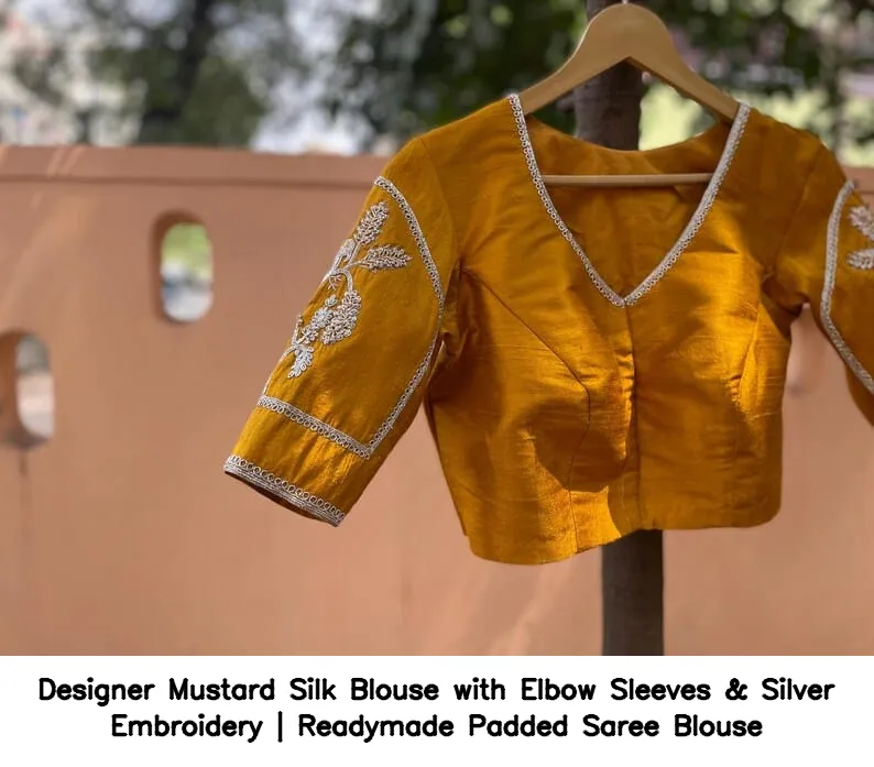 Designer Mustard Silk Blouse with Elbow Sleeves & Silver Embroidery | Readymade Padded Saree Blouse 7