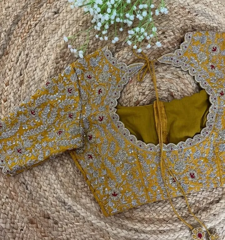 Designer Mustard Silk Blouse with Heavy Silver Floral Jaal Embroidery