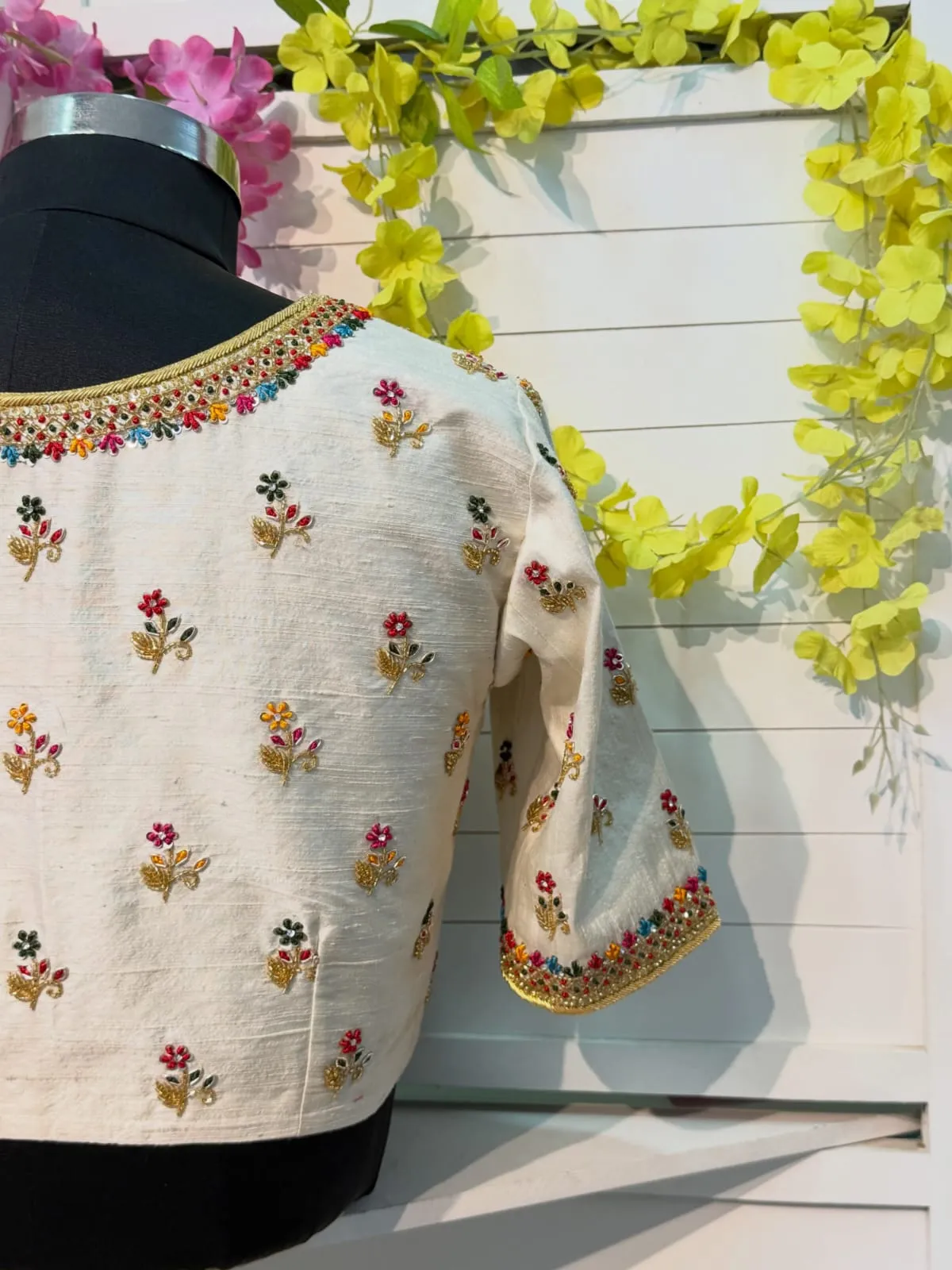 Designer Off-White Blouse with Floral Aari Work | Premium Hand-Embroidered Maggam Blouse