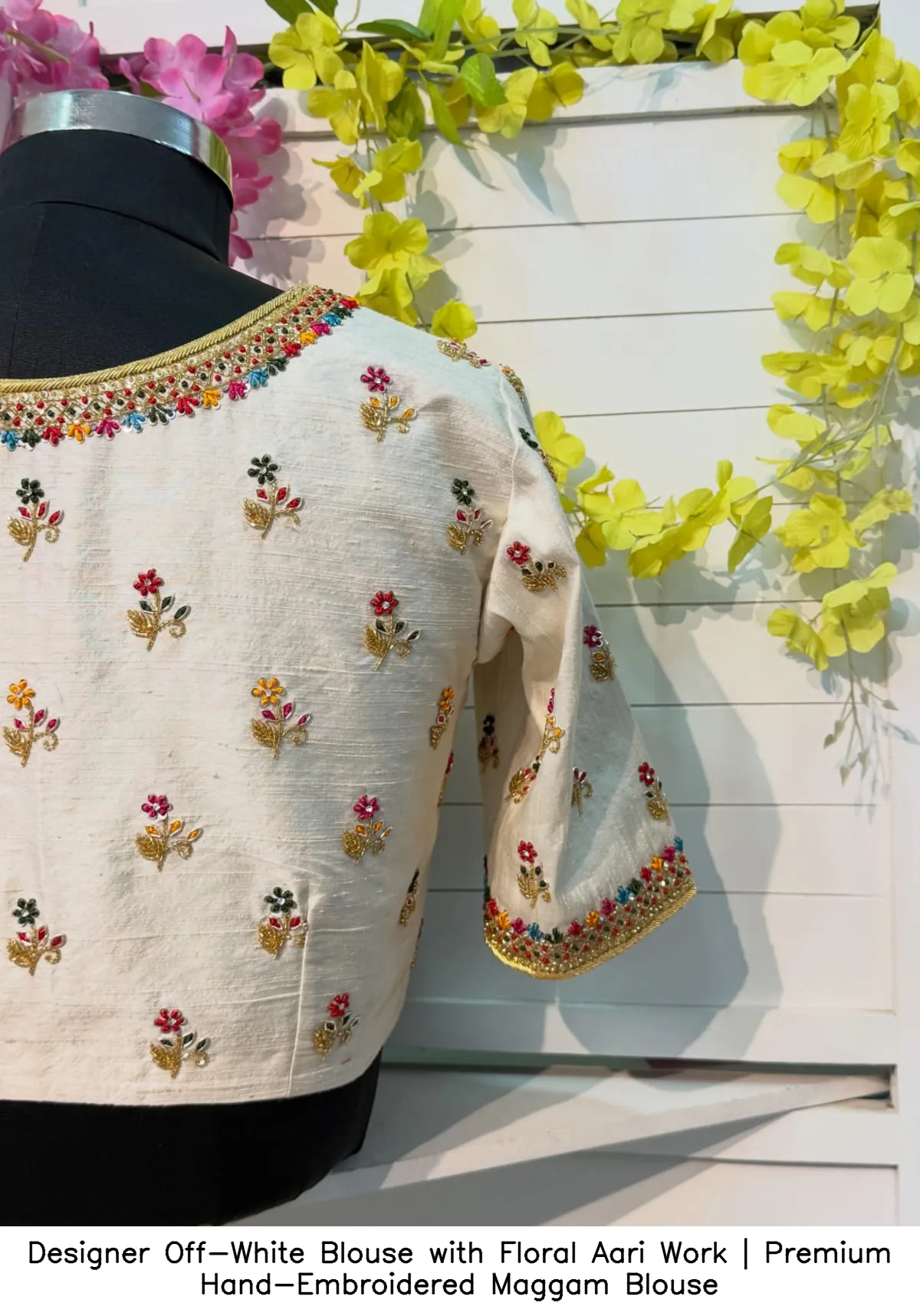 Designer Off-White Blouse with Floral Aari Work | Premium Hand-Embroidered Maggam Blouse 2